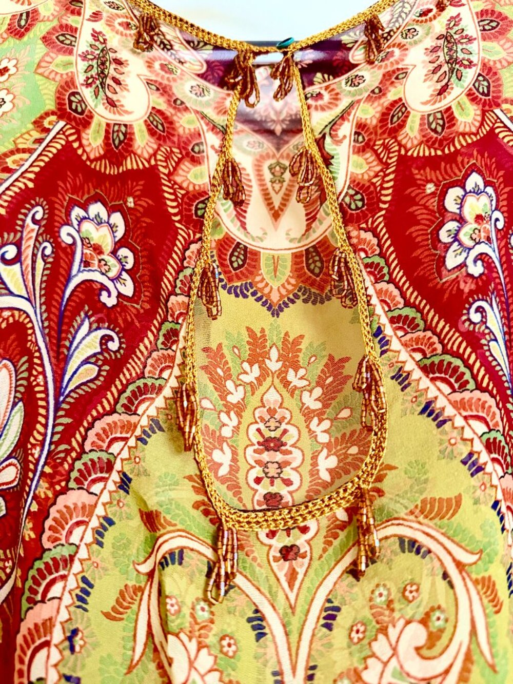 NWT Etro Sheer Silk Chiffon Paisley Kaftan Blouse Beaded Tassel Tie Size L - Picture 5 of 8